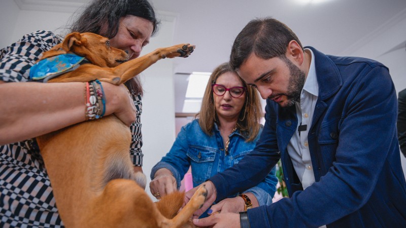 Gabriel em visita ao projeto Bicho de Rua avalia a pata do cão Pickles que é segurado pela dona, uma das líderes do projeto. Uma segunda mulher também pode ser vista na imagem.